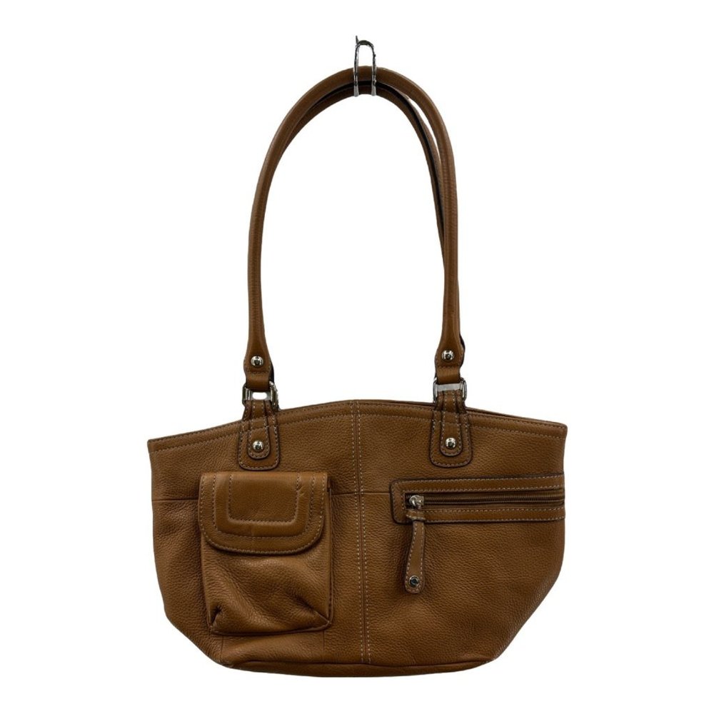 Tignanello Womens Shoulder Bag Mustard Brown Leather Mag Snap Outside Zip Pocket